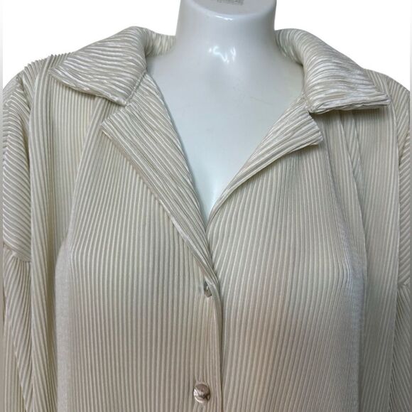 Waverles Ribbed Pleated Feather Cuff Button Down Top - Picture 6 of 10